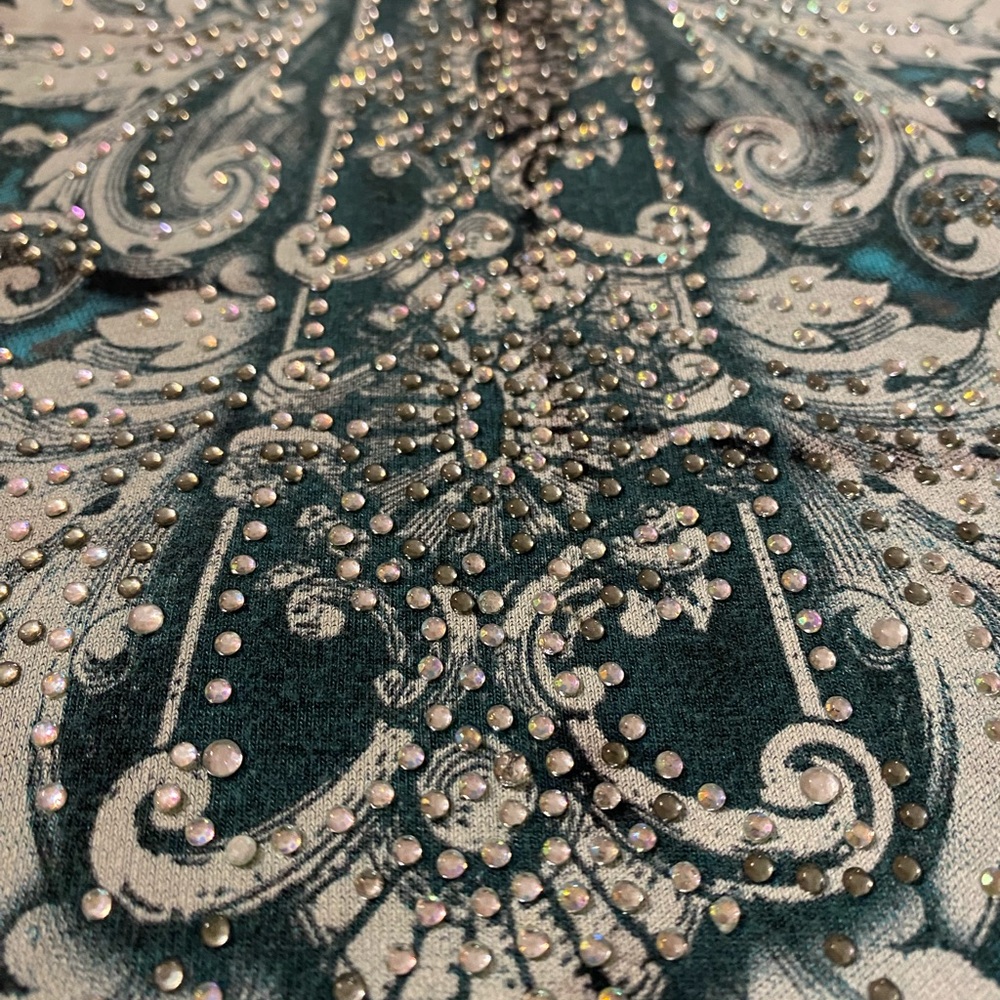 Doral Women’s Tunic CROSS Rhinestones Floral Angel Wings blk/Turquoise Large - Picture 4 of 7